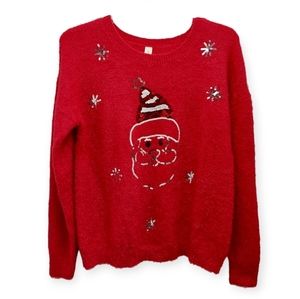 No Boundaries Red Christmas Sweater Santa Face Size XL 15/17 Juniors